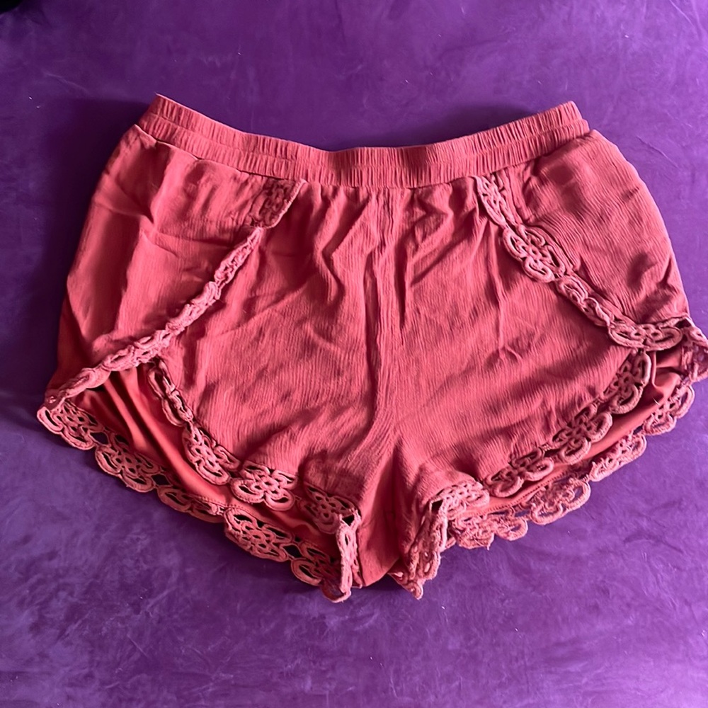 Large, Forever 21 Brick Red Shorts with Lace Accents